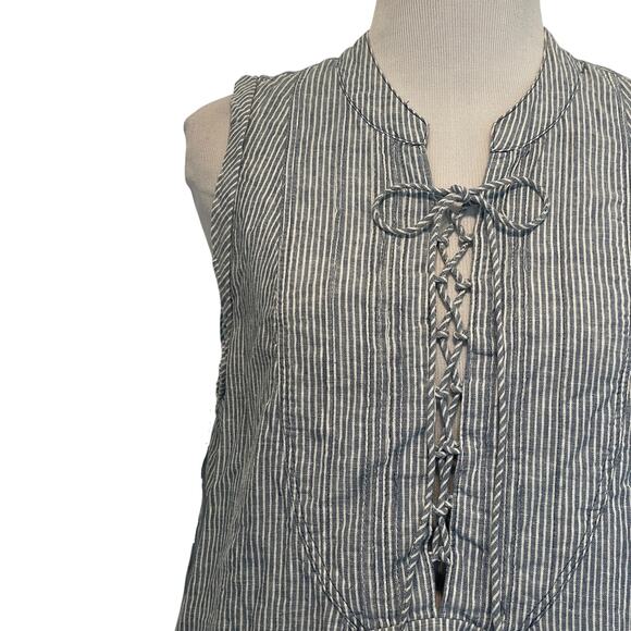 Free People Poppin Off Lace-Up Mini Dress Womens Small Chambray Striped Linen - Picture 3 of 10